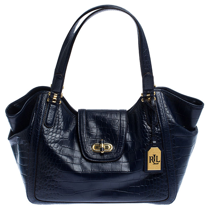 Pre Owned Lauren Ralph Lauren Blue Crocodile Embossed Leather Satchel
