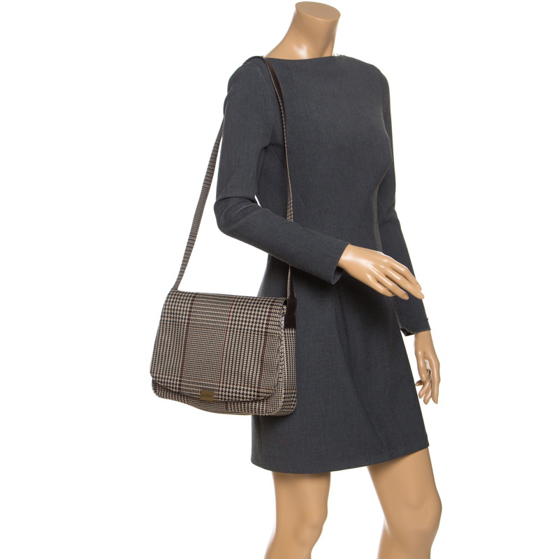

Lauren Ralph Lauren Beige/Brown Canvas and Leather Houndstooth Messenger Bag