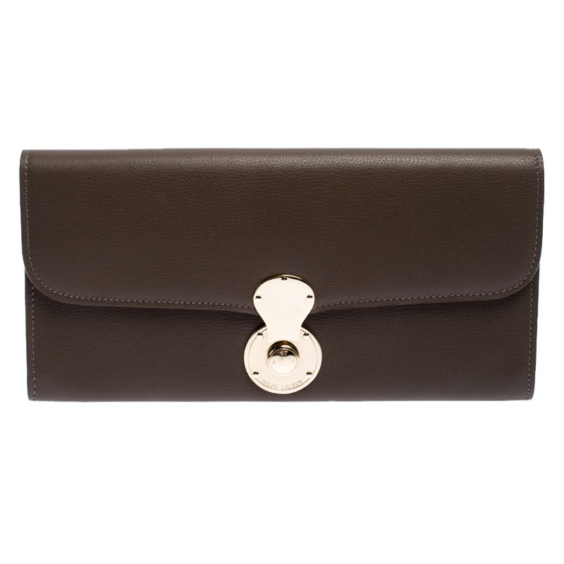 Pre Owned Ralph Lauren Dark Beige Eagle Embossed Leather Ricky Clutch