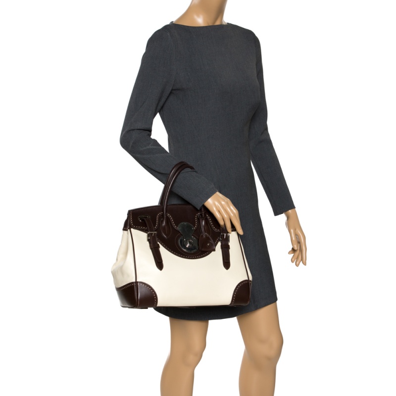 

Ralph Lauren White/Brown Leather Brogues Ricky Tote, Cream