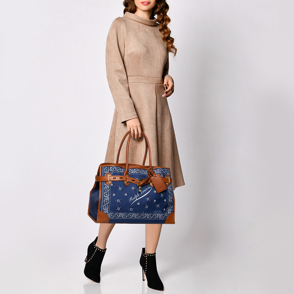 

Ralph Lauren Navy Blue/Brown Printed Fabric and Leather Buckle Lock Tote