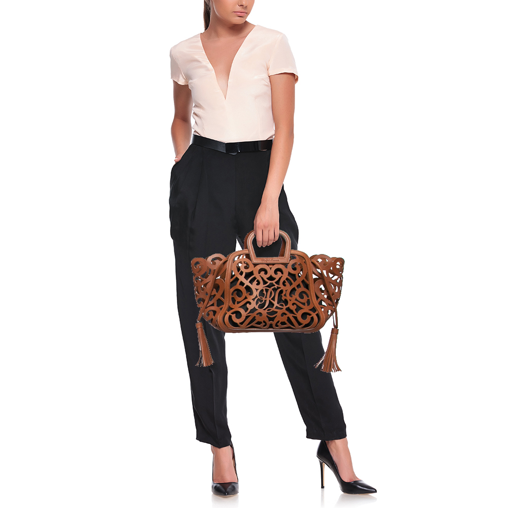 

Ralph Lauren Brown Laser Cut Leather Small Vachetta Scroll Tote