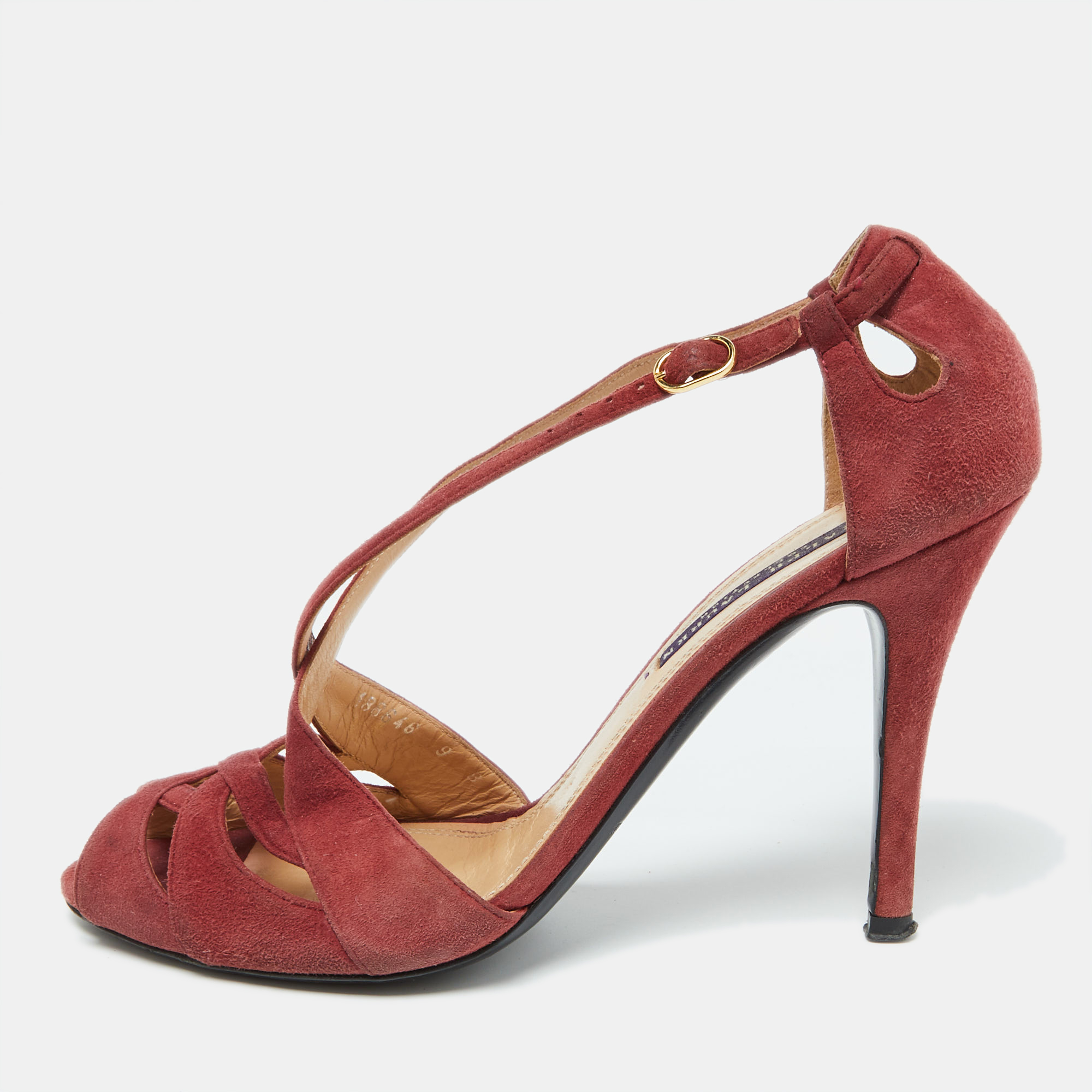 Pre-owned Ralph Lauren Rust Red Suede Arianna Peep Toe Sandals Size 39