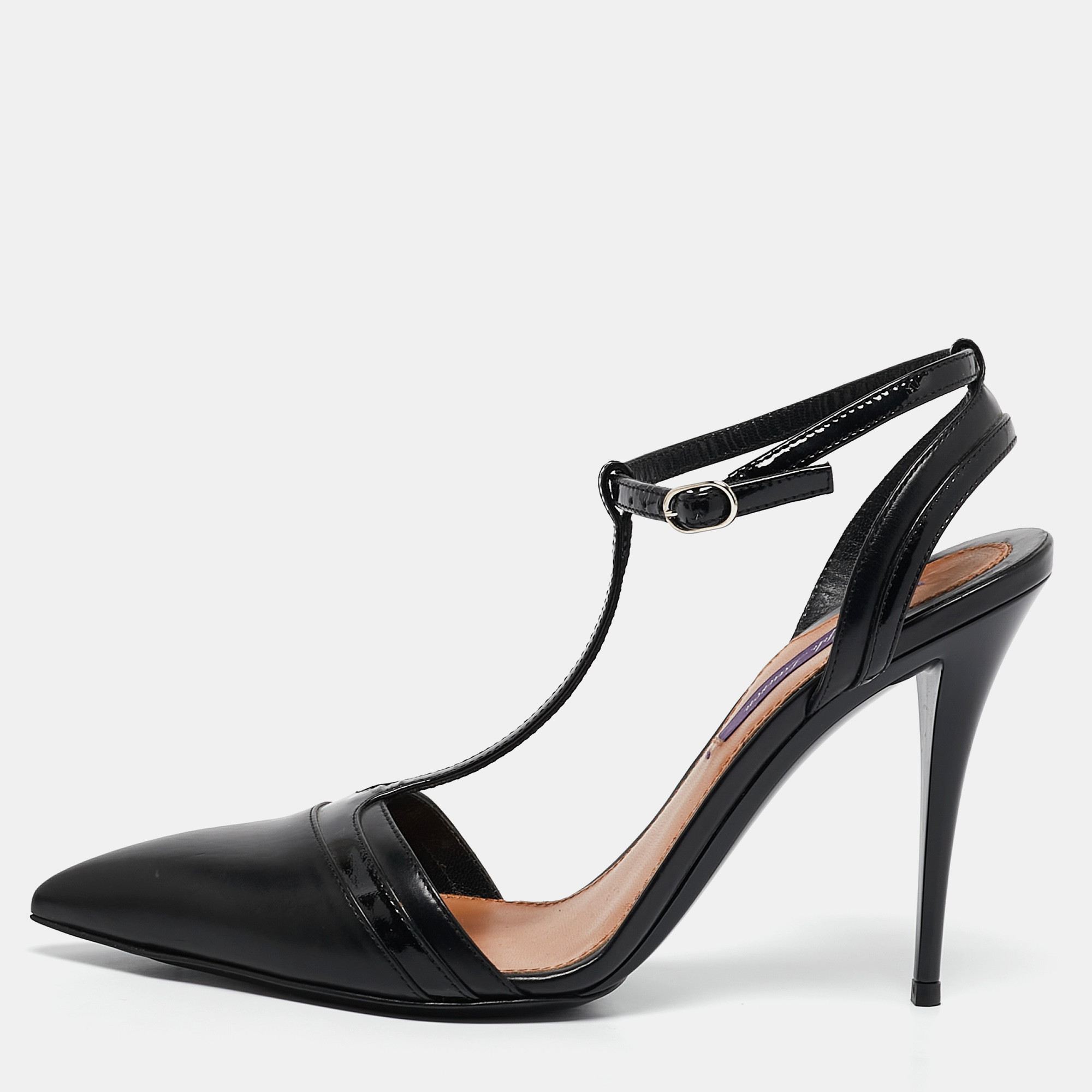 

Ralph Lauren Black Leather and Patent Leather Ankle Strap Pumps Size