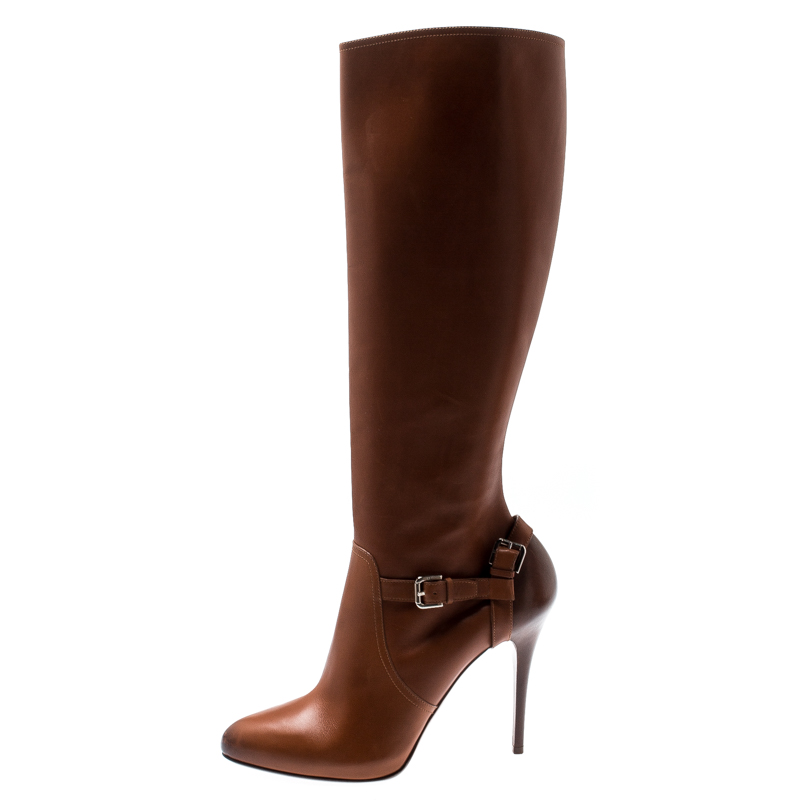 

Ralph Lauren Cognac Brown Leather Vivera Buckle Detail Knee Length Boots Size