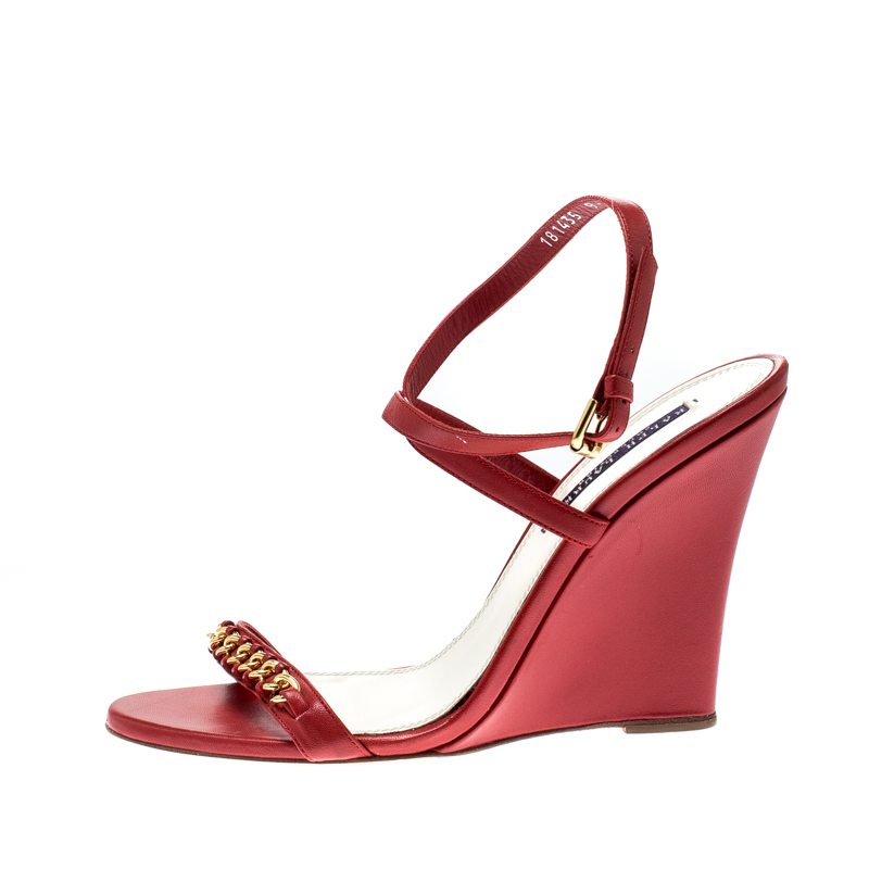 

Ralph Lauren Red Leather Chain Detail Ankle Wrap Wedge Sandals Size