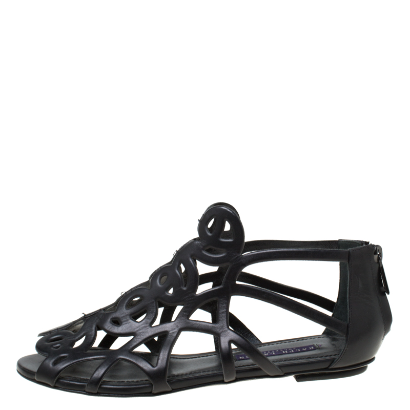 

Ralph Lauren Collection Black Leather Cut Our Flat Sandals Size