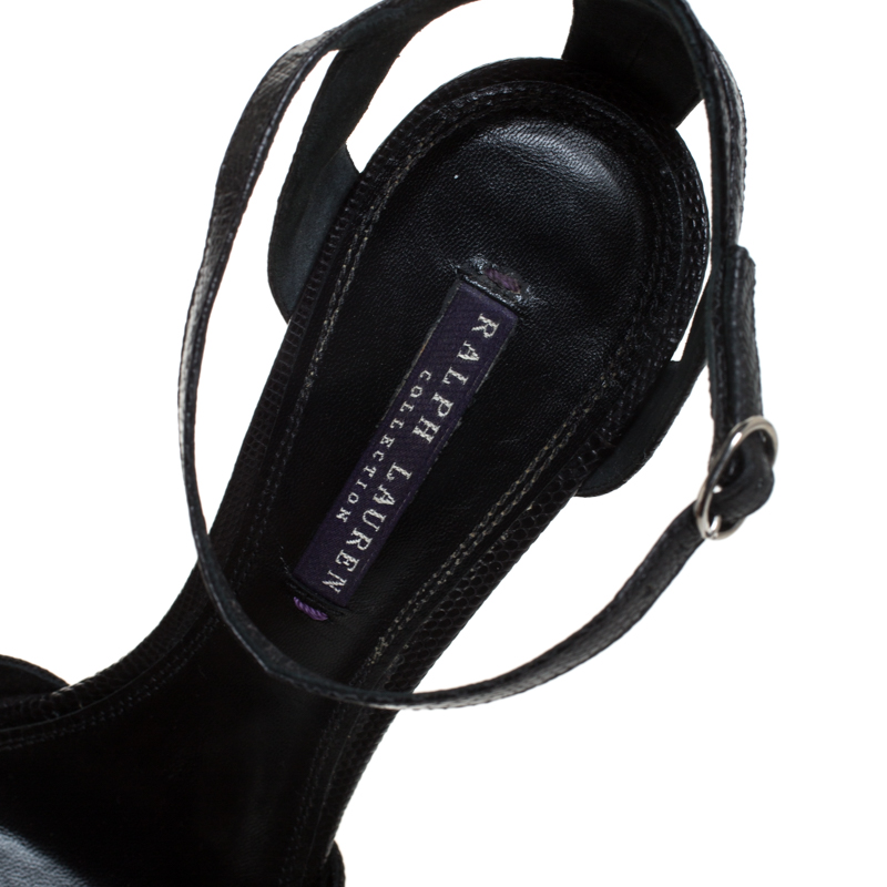 Pre-owned Ralph Lauren Black Lizard Jeanette Ankle Strap Sandals Size 40