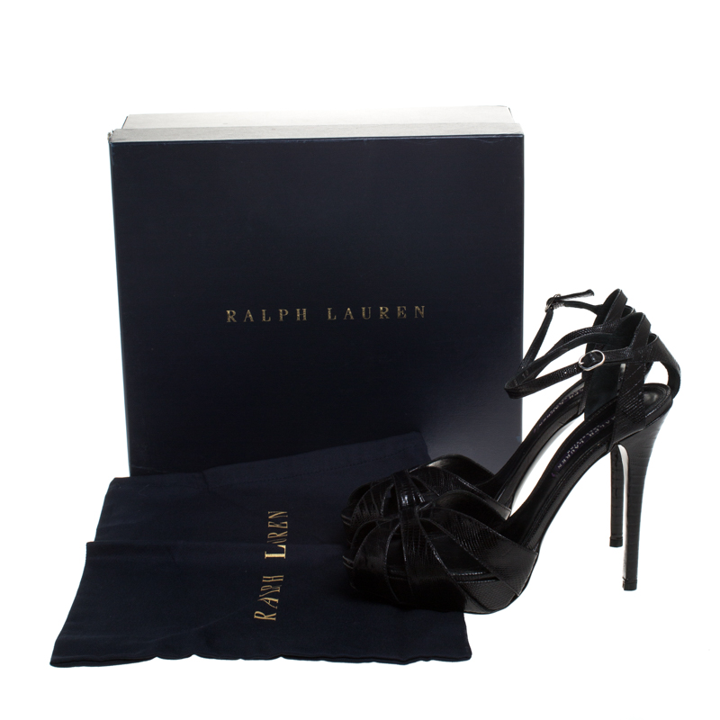 Pre-owned Ralph Lauren Black Lizard Jeanette Ankle Strap Sandals Size 40