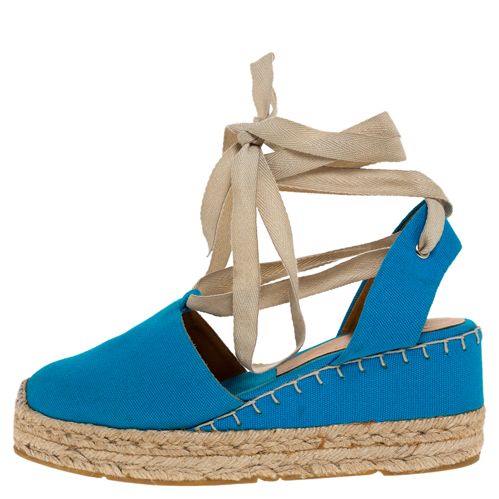 

Ralph Lauren Blue Canvas Uma Espadrille Wedge Ankle Wrap Platform Sandals Size