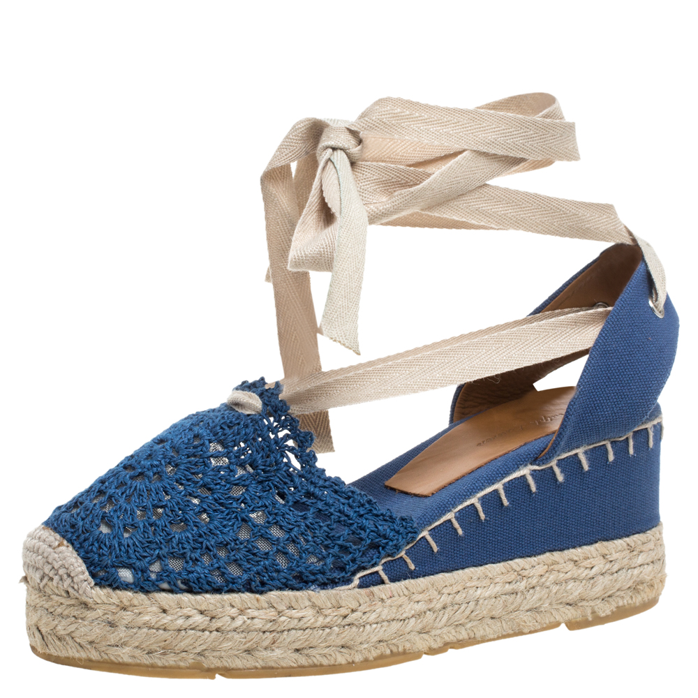 

Ralph Lauren Blue Crochet Fabric Uma Espadrille Wedge Ankle Wrap Platform Sandals Size