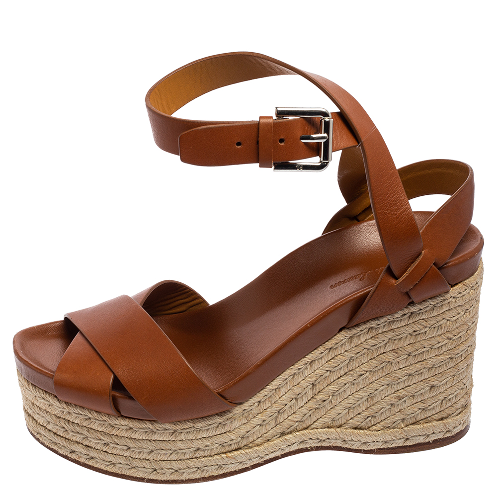 

Ralph Lauren Brown Leather Wedge Platform Ankle Strap Espadrille Sandals Size