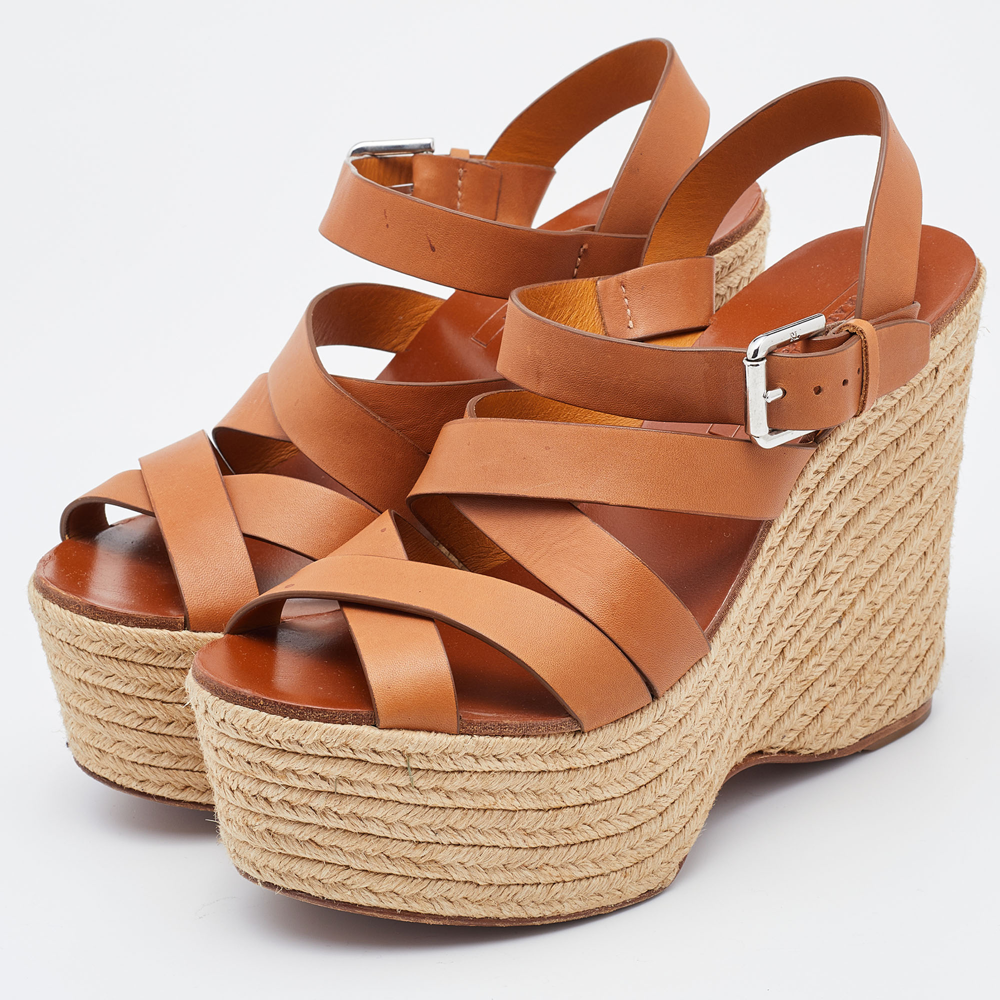 

Ralph Lauren Brown Leather Wedge Platform Espadrille Sandals Size