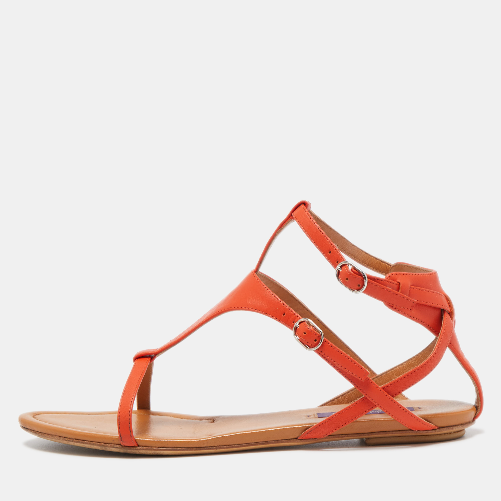 Pre-owned Ralph Lauren Orange Leather Flat Sandals Size 39