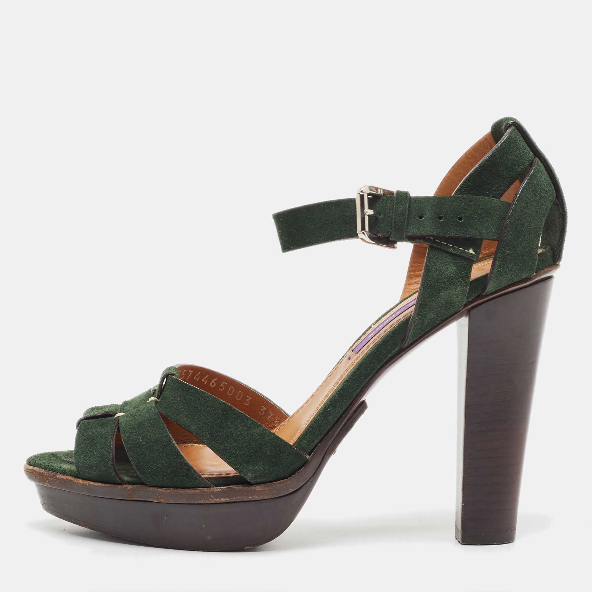 Pre-owned Ralph Lauren Green Suede Ankle Strap Sandals Size 37.5