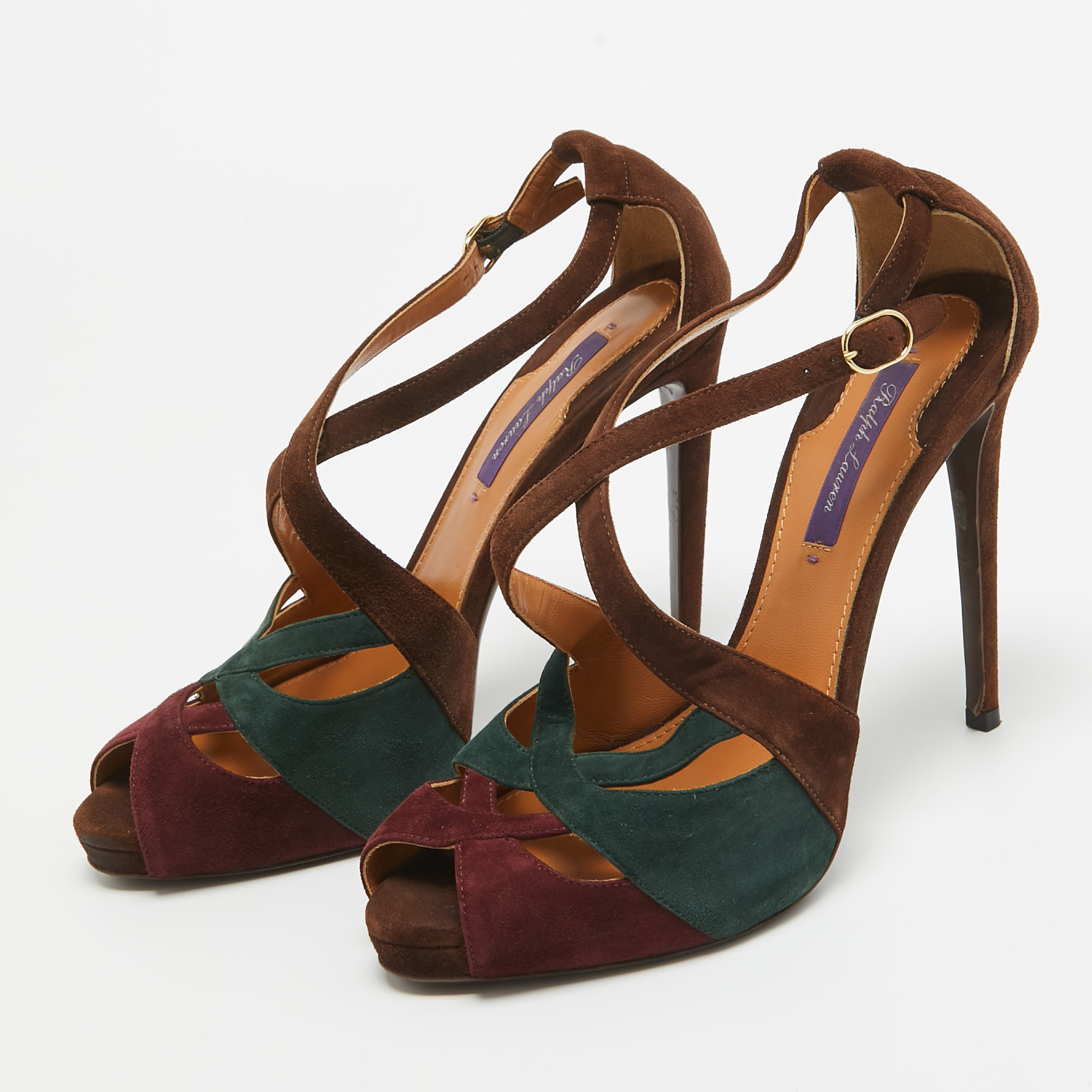Ralph Lauren Tricolor Suede Cut Out Ankle Strap Sandals Size 38 