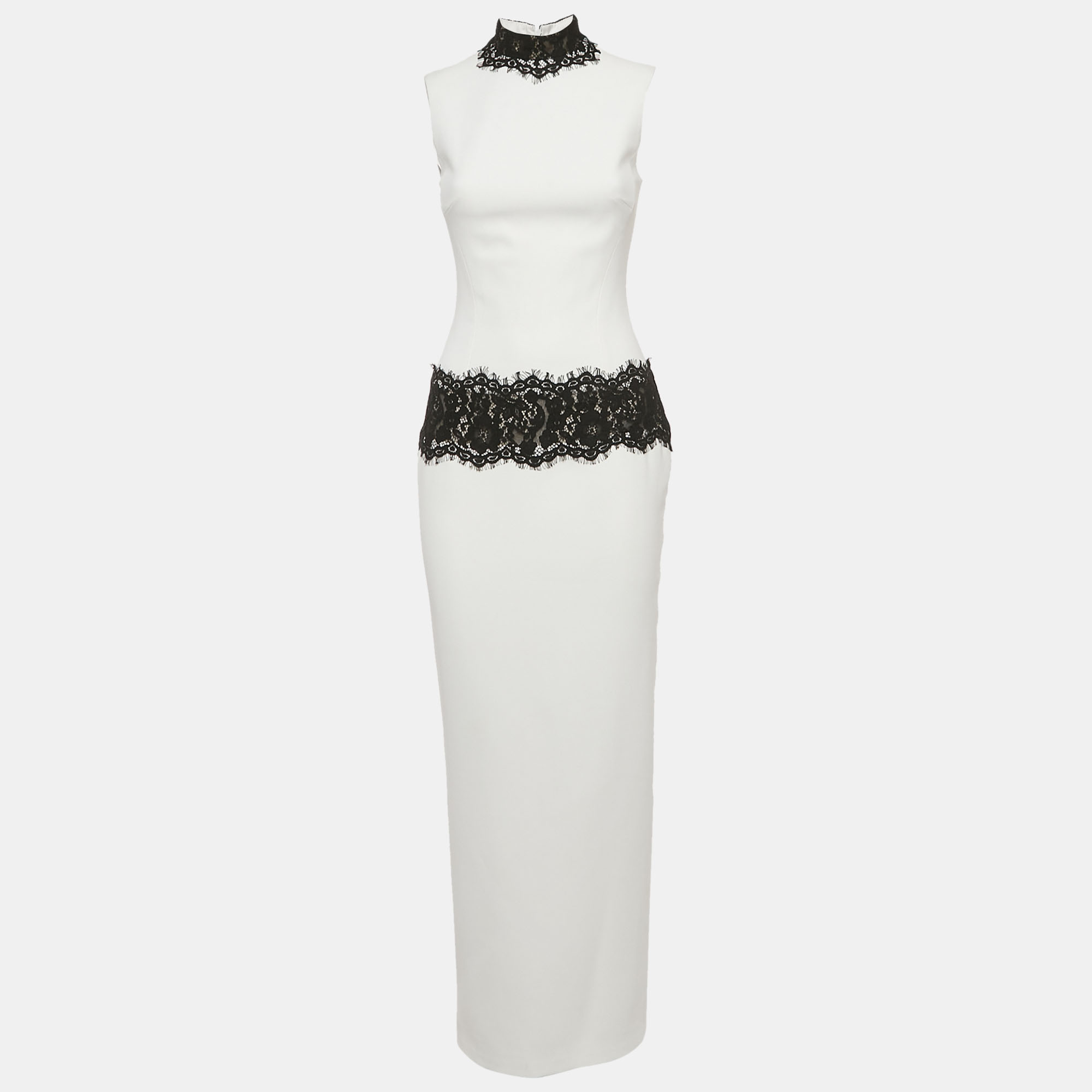 

Rasario White Lace Trim Crepe Maxi Dress S