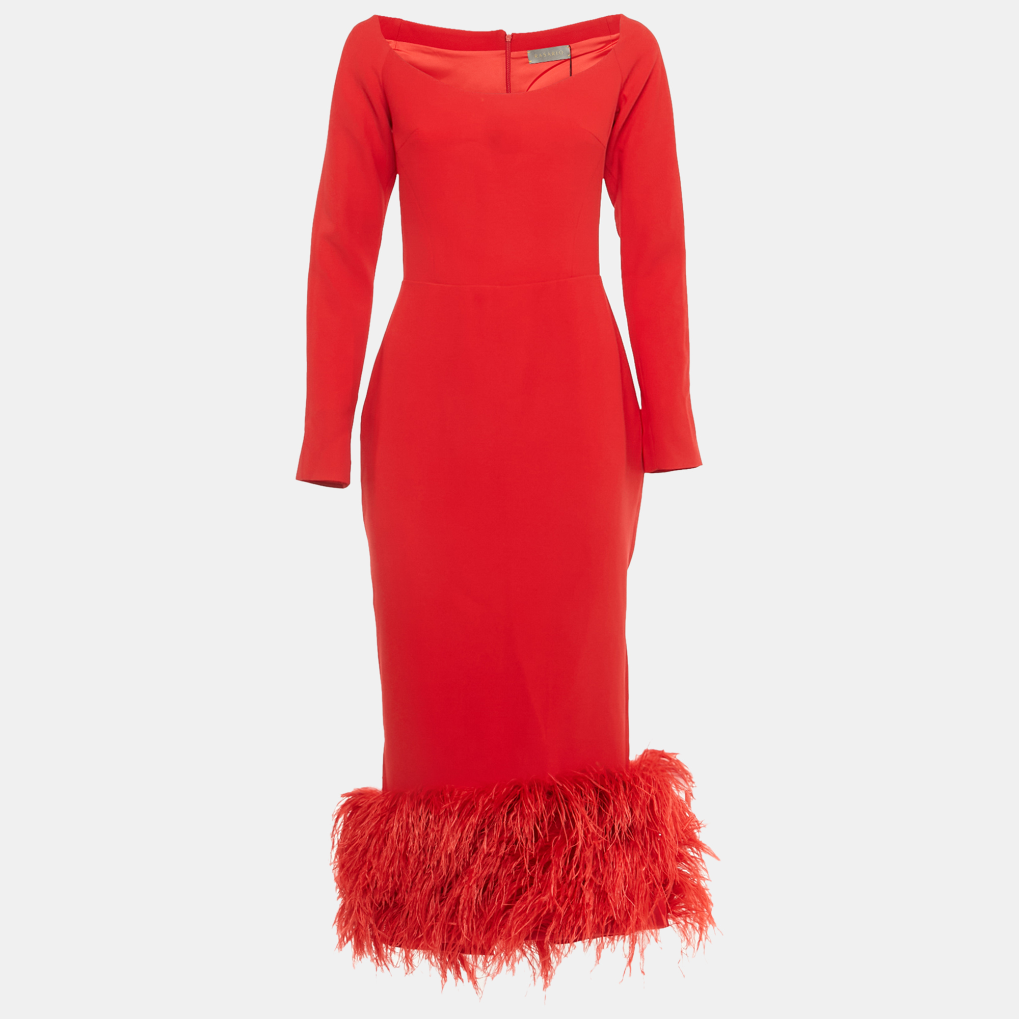 Pre-owned Rasario Red Crepe Fringed Midi Dress M
