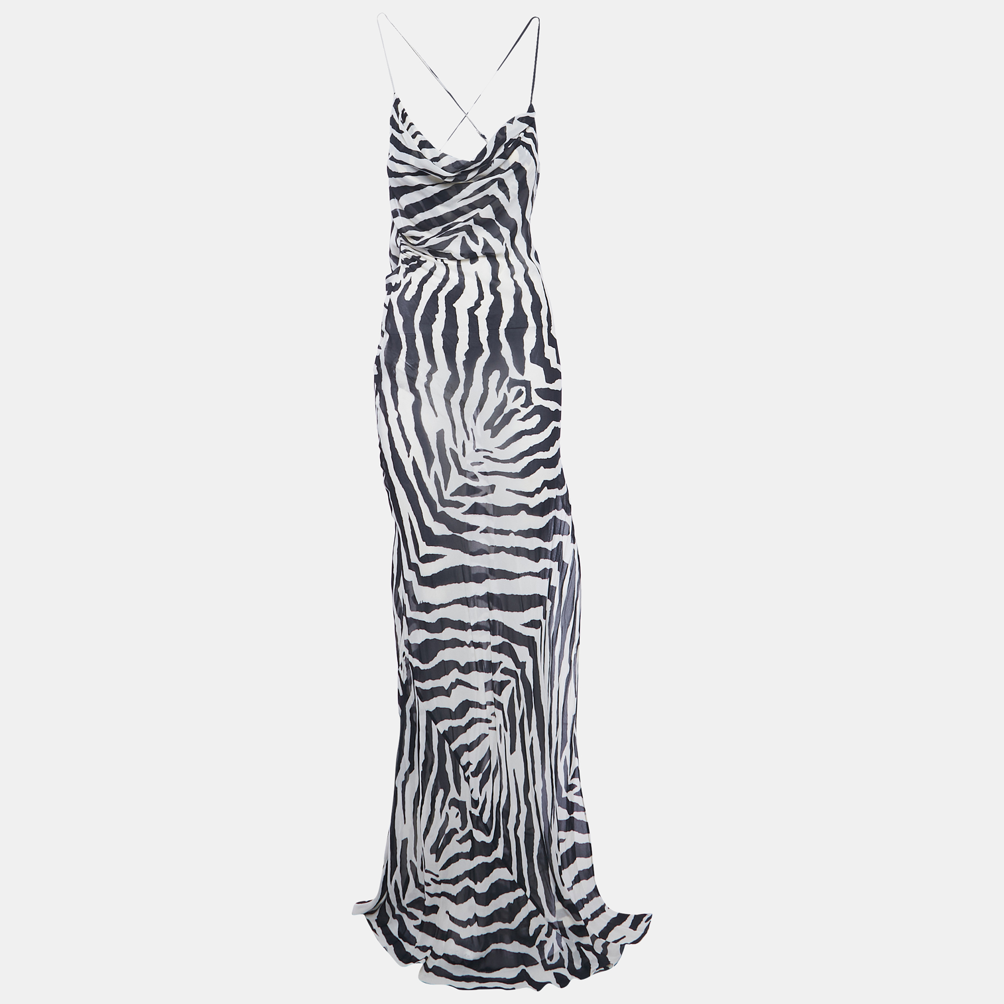 Pre-owned Rat & Bao White /black Zebra Print Crepe Sheer Maxi Dess Xs