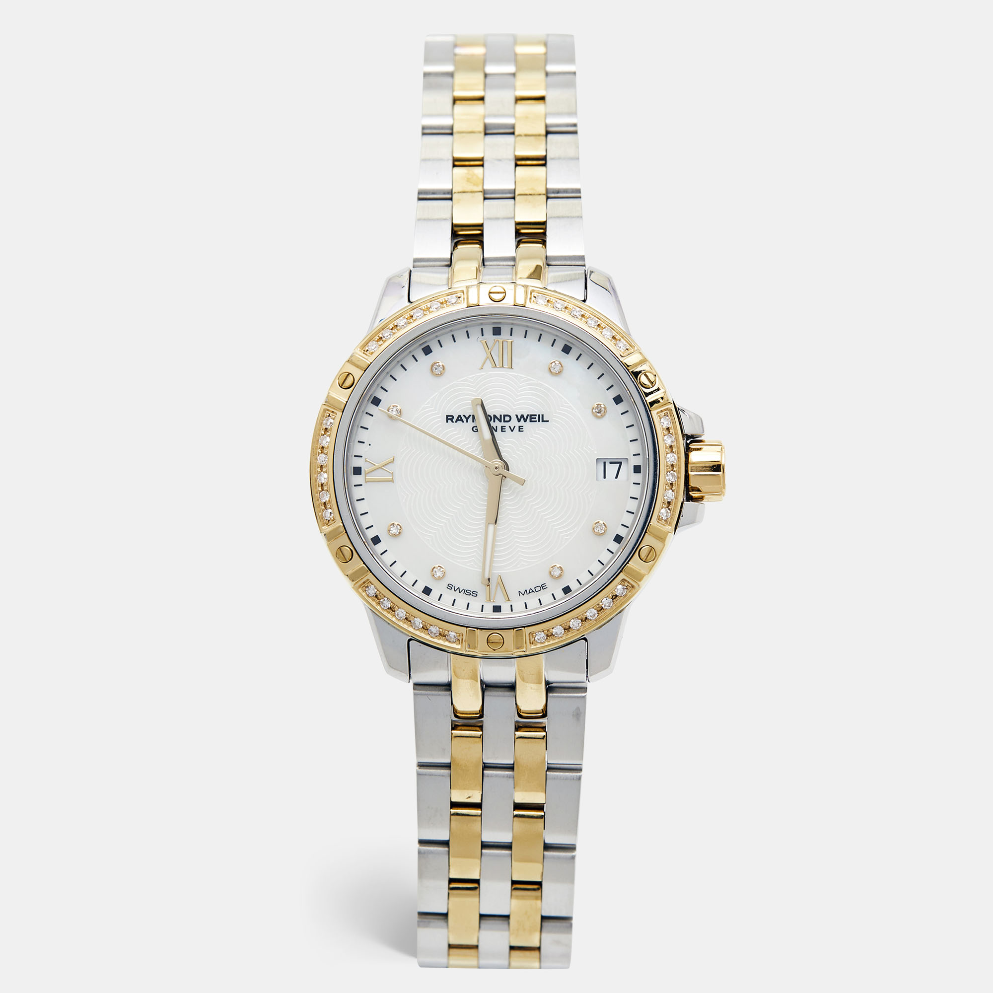 Pre-owned Raymond Weil White Mother Of Pearl Two-tone Stainless Steel Diamond Tango 5960-sps-00995 Women's Wristwatch 30 Mm In Silver