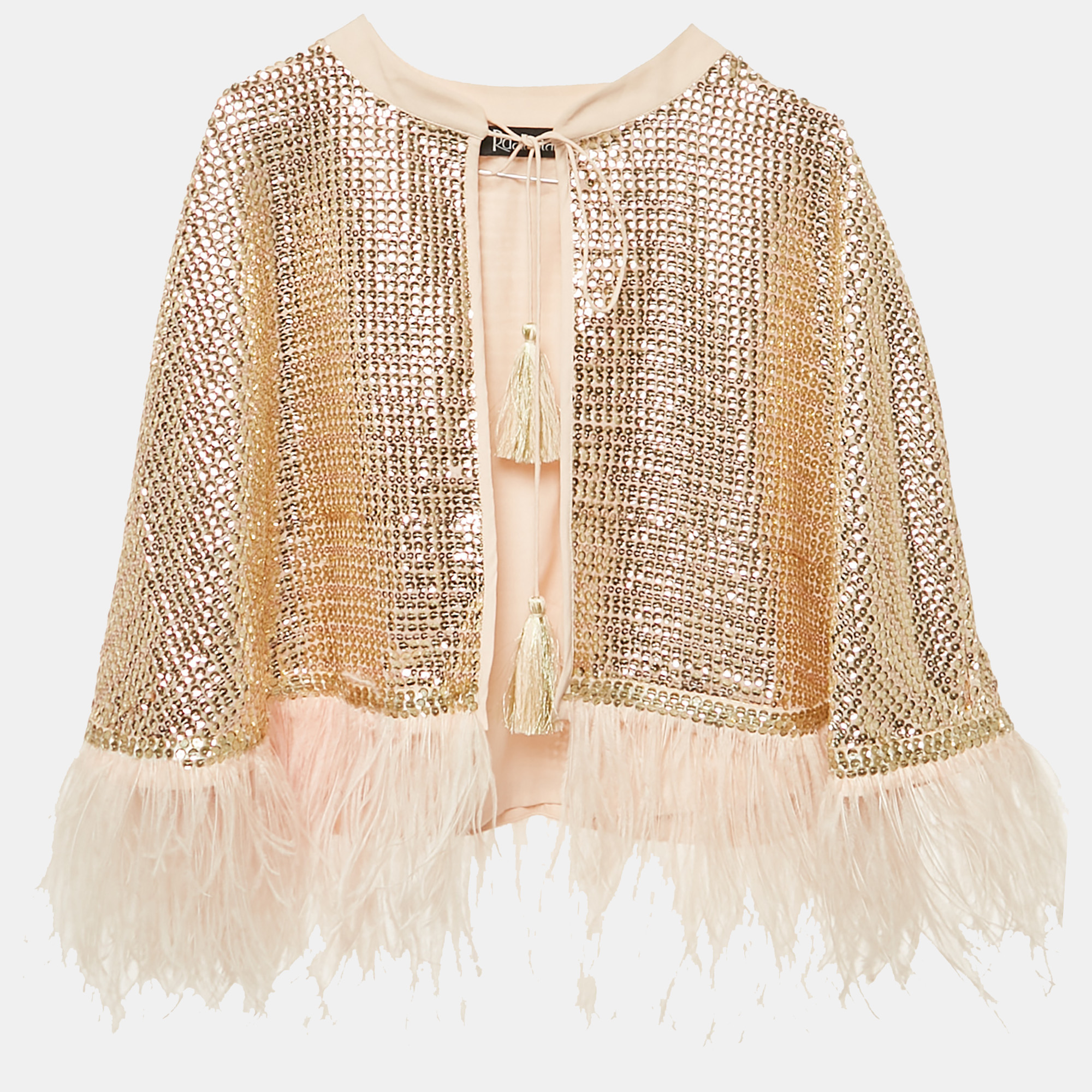 Pre-owned Rdalamal Gold Sequin Feather Detail Cape One Size