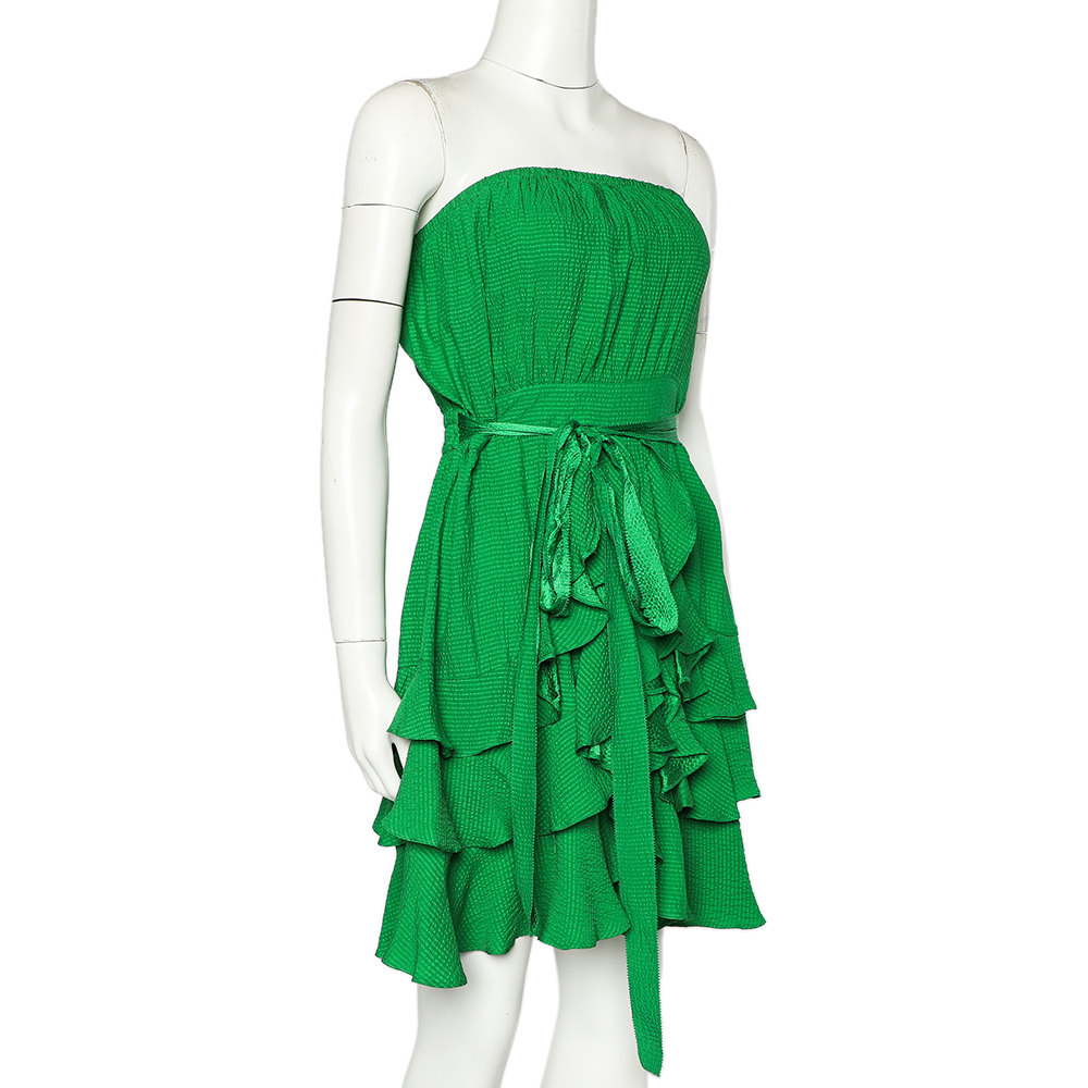 

Rebecca Taylor Green Textured Silk Ruffled Tequilla Bingo Mini Dress