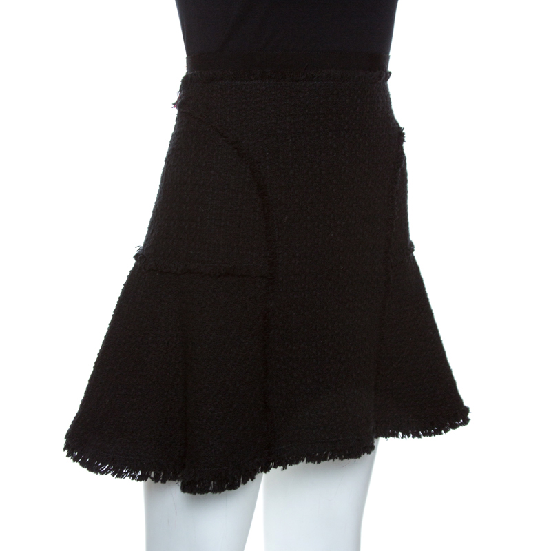 

Rebecca Taylor Black Tweed Fringe Detail Flounce Skirt
