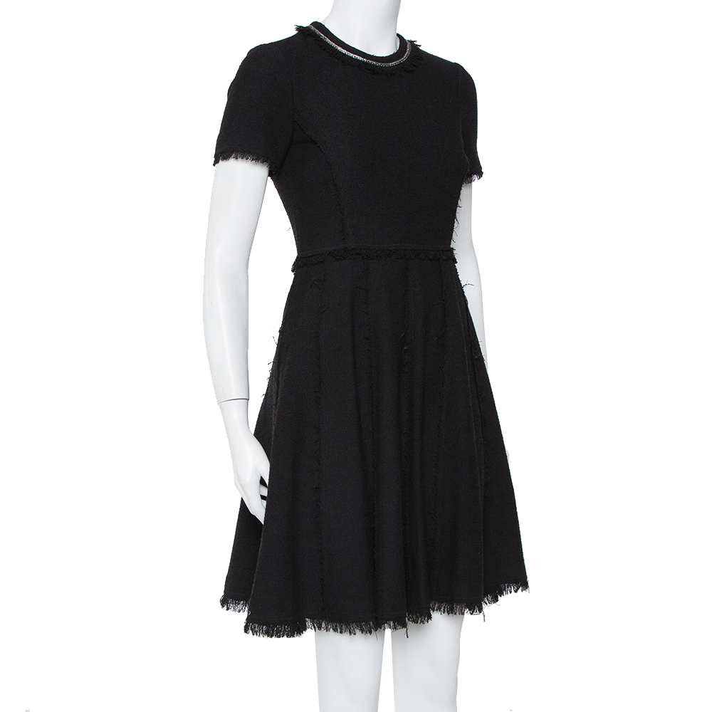 

Rebecca Taylor Black Knit Embellished Frayed Detail Midi Dress