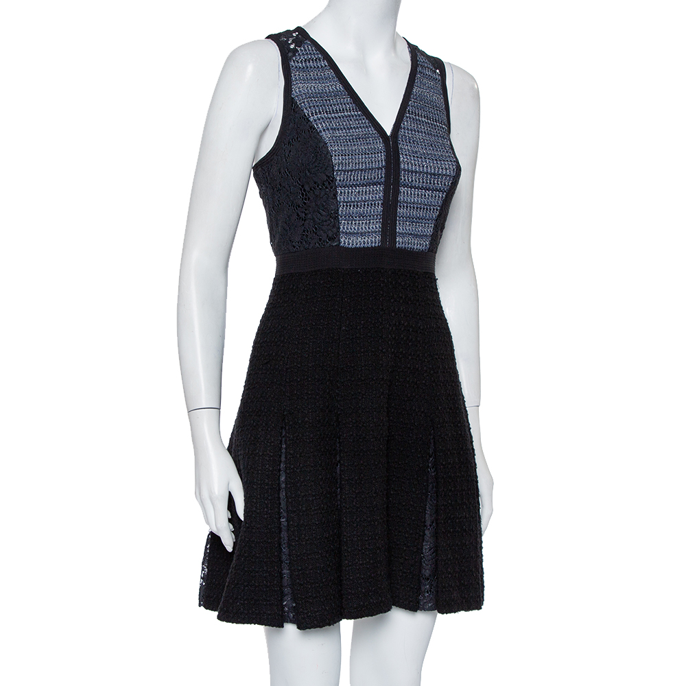 

Rebecca Taylor Black Tweed & Lace Pleated Sleeveless Mini Dress
