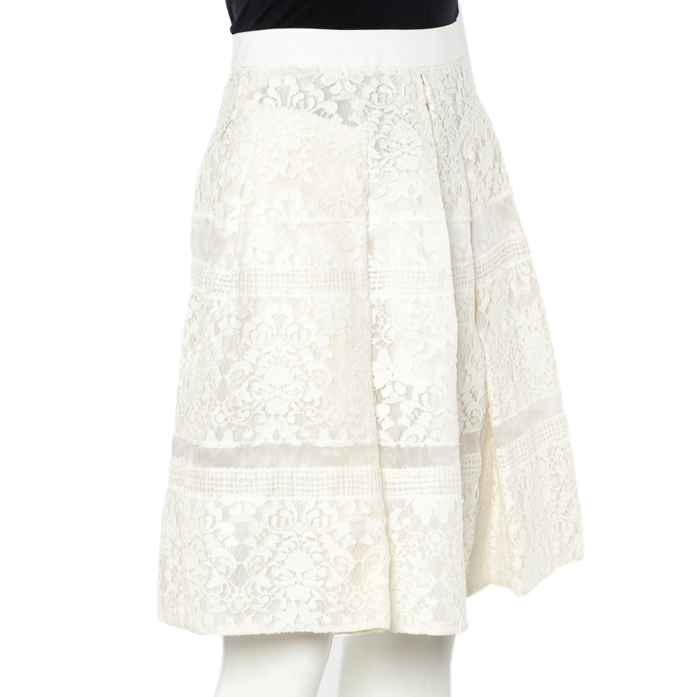 

Rebecca Taylor White Lace Pleated Flared Skirt