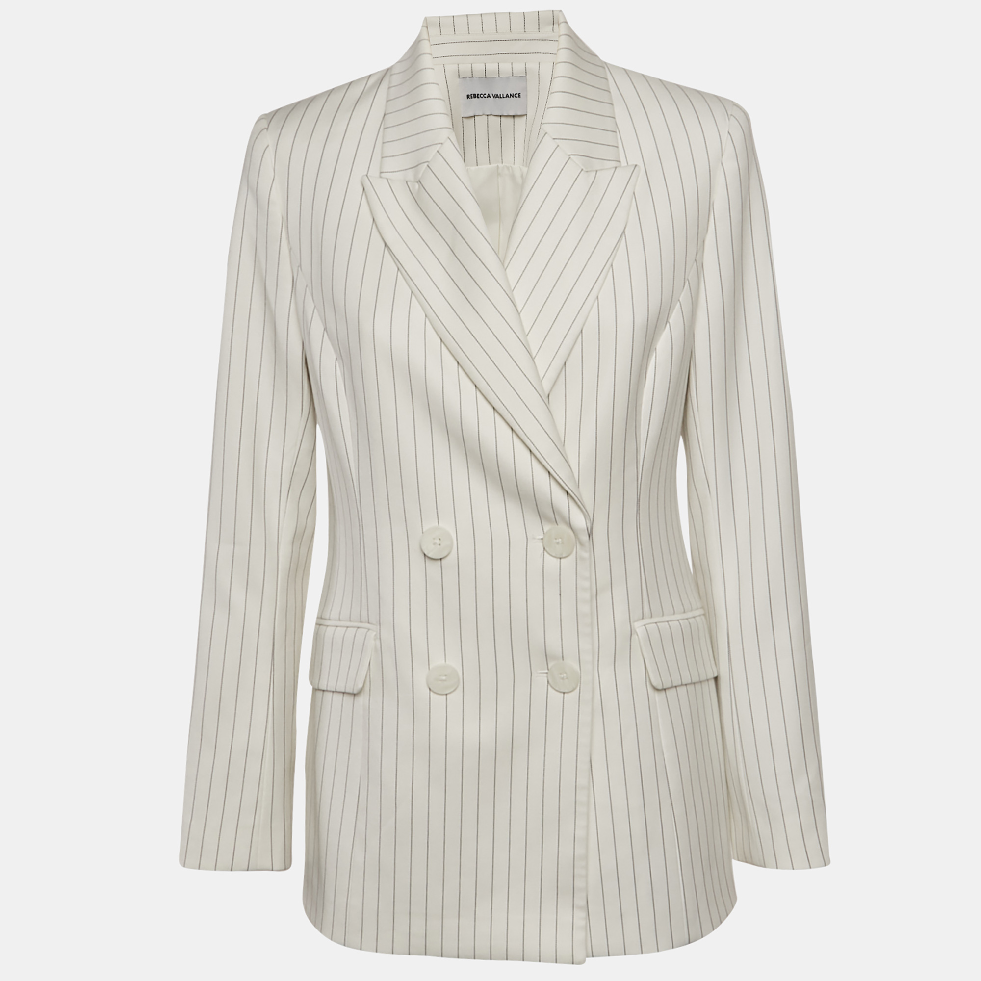 

Rebecca Vallance White Pinstriped Twill Double Breasted Blazer M