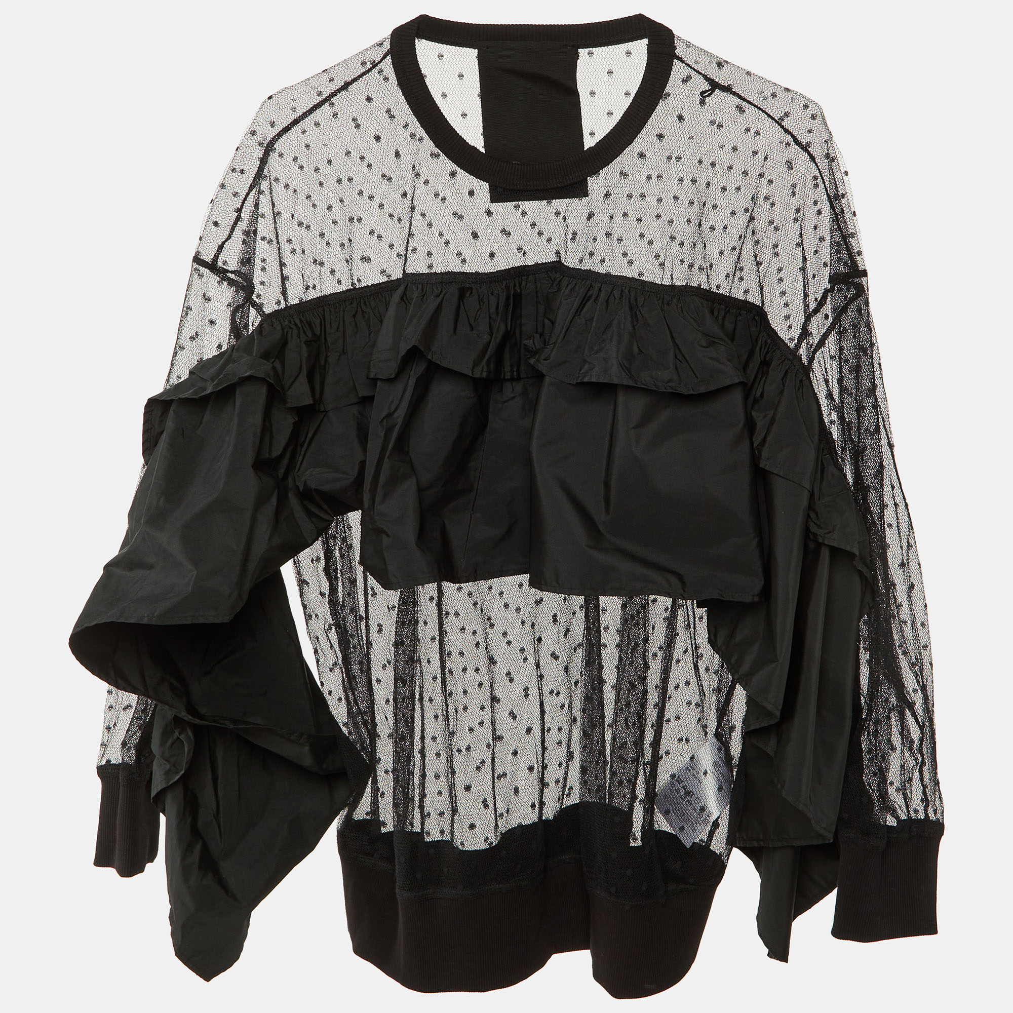 Pre-owned Red Valentino Black Pointelle Tulle & Taffeta Ruffled Top Xs