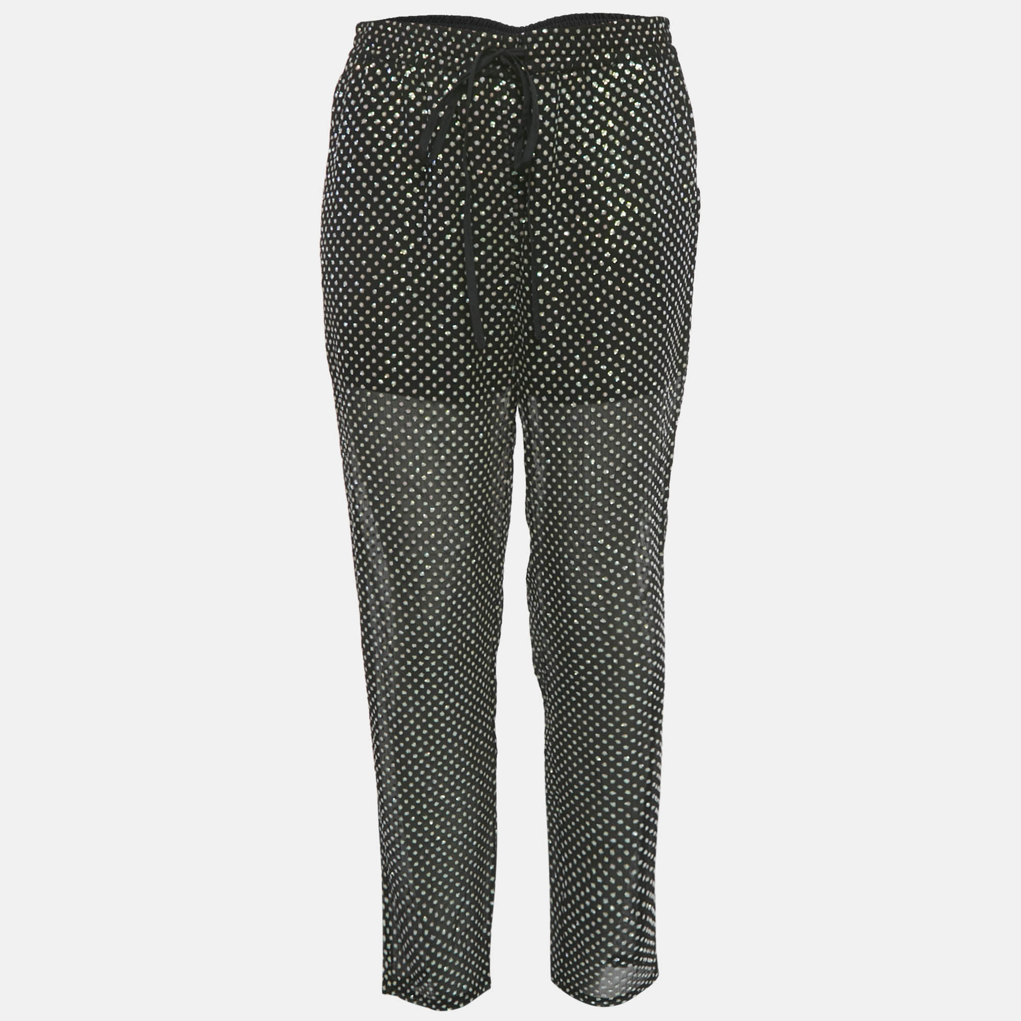 RED Valentino Black Sheer Silk Sequin Drawstring Pants M
