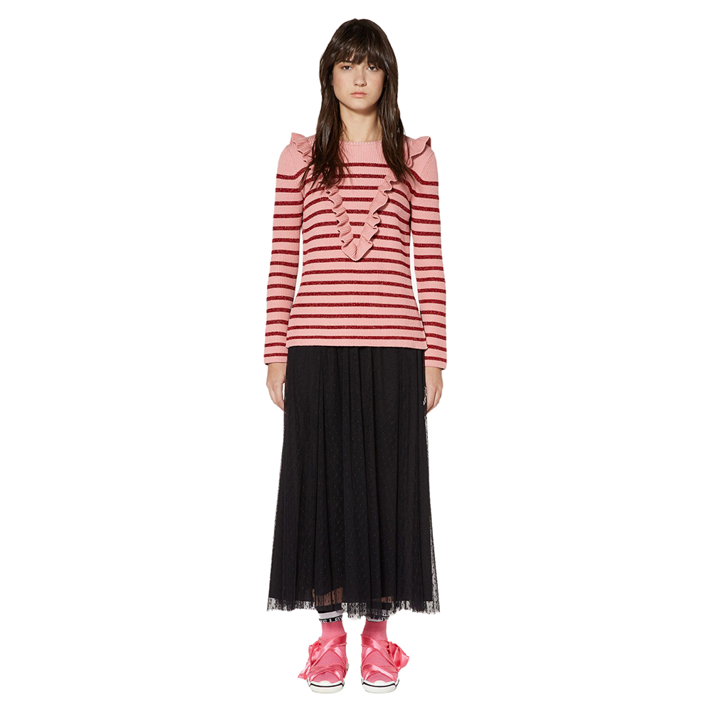 

Red Valentino Pink/Deep Red Cotton Lurex Ruffle Detail Sweater