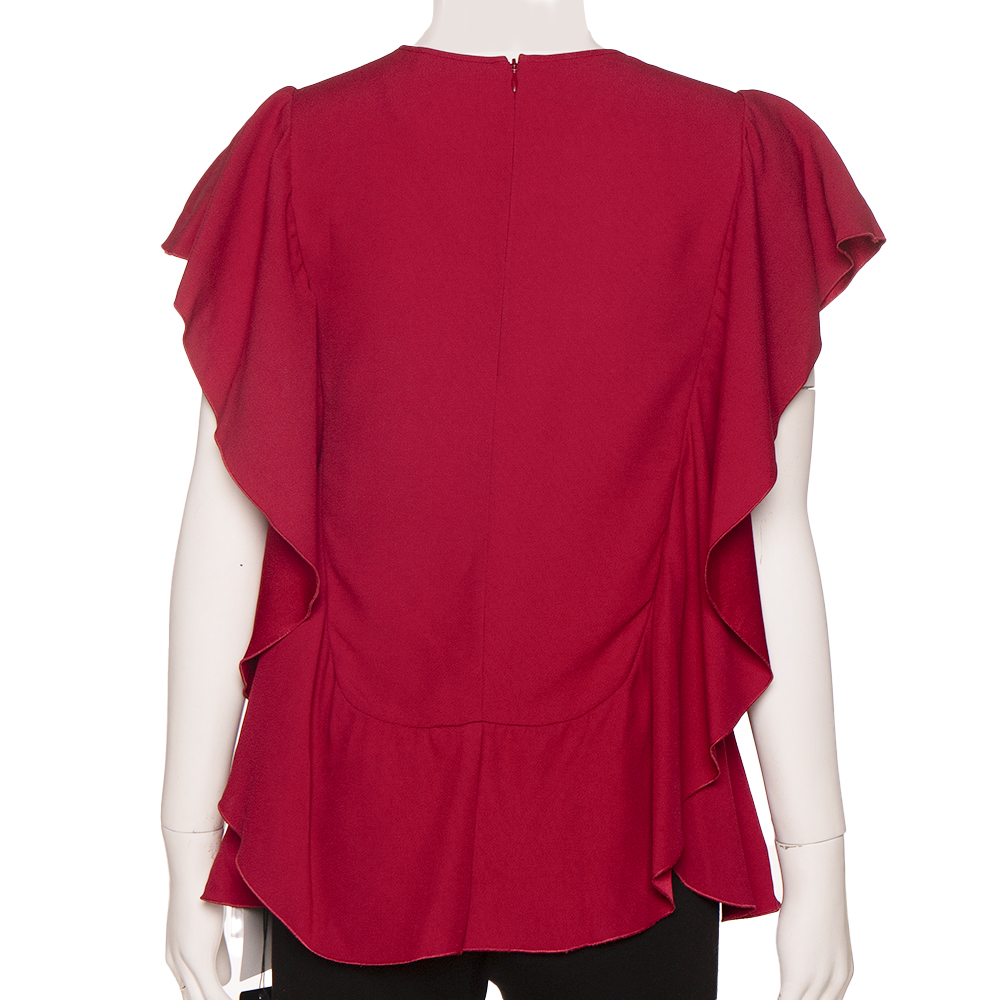 

RED Valentino Burgundy Ruffled Short Sleeve Blouse