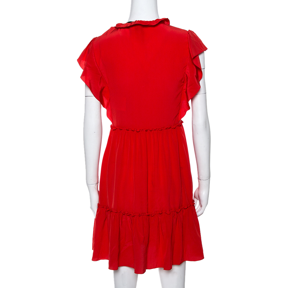 

RED Valentino Coral Red Silk Frilled Sleeves Mini Dress