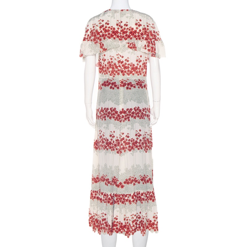 

RED Valentino White Silk Crepe Dreaming Peony Print Ruffle Detail Dress, Cream