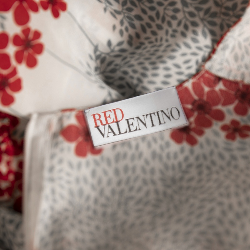 

RED Valentino White Silk Crepe Dreaming Peony Print Ruffle Detail Dress Size, Cream
