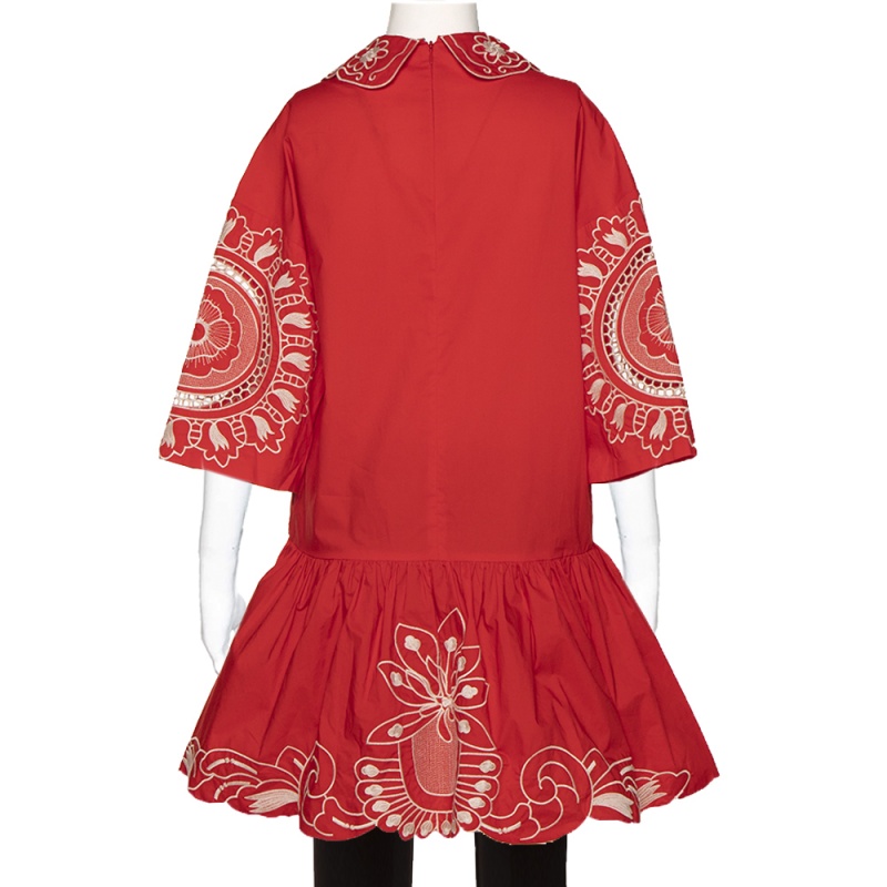 

RED Valentino Coral Red/ White Cotton Poplin Flowers Embroidered Dress