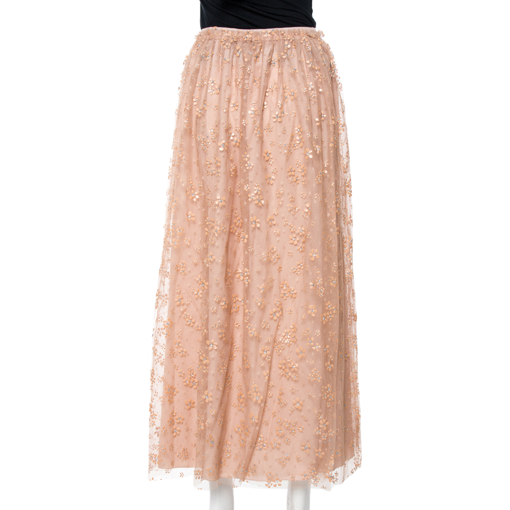 

RED Valentino Nude Pink Floral Tulle Maxi Skirt, Beige