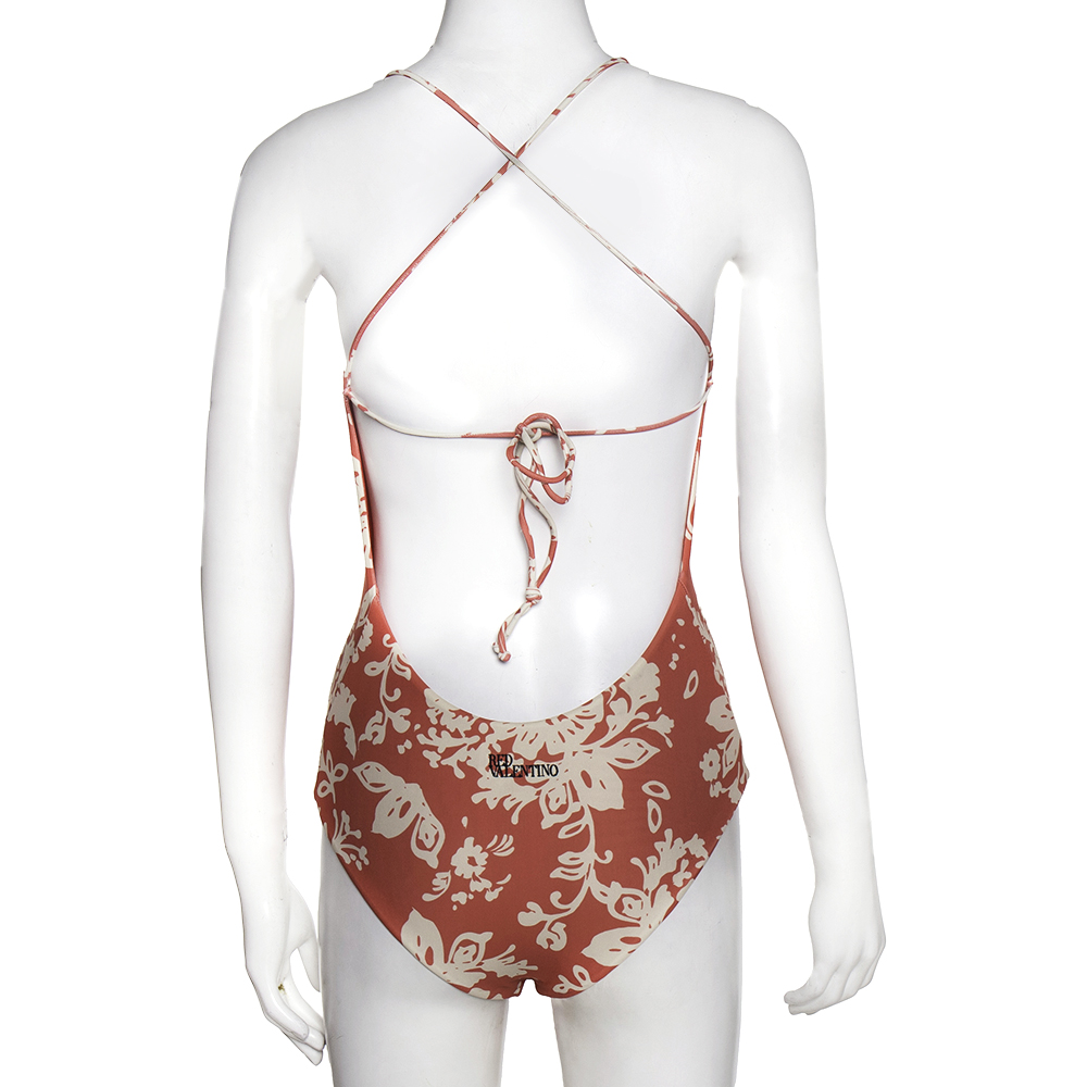 

RED Valentino Coral Red Graphic Flora Printed Swimsuit Size