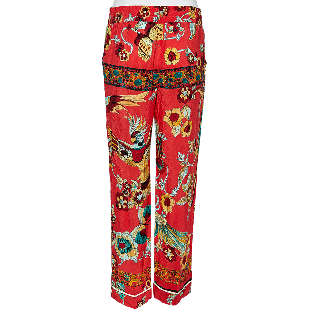 

RED Valentino Coral Red Bird of Paradise in the Forest Print Silk Pants