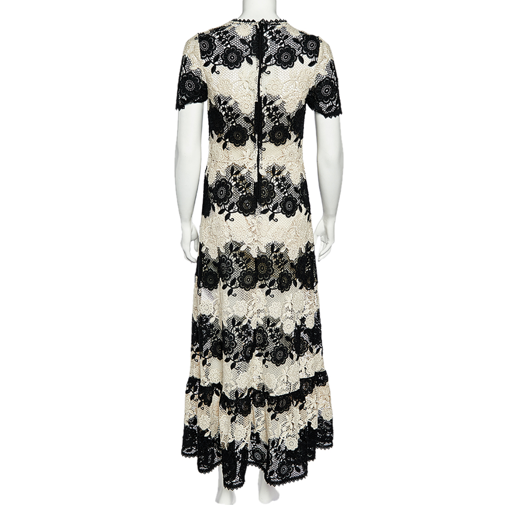 

RED Valentino Two-Tone Floral Macrame Flared Long Dress, Black