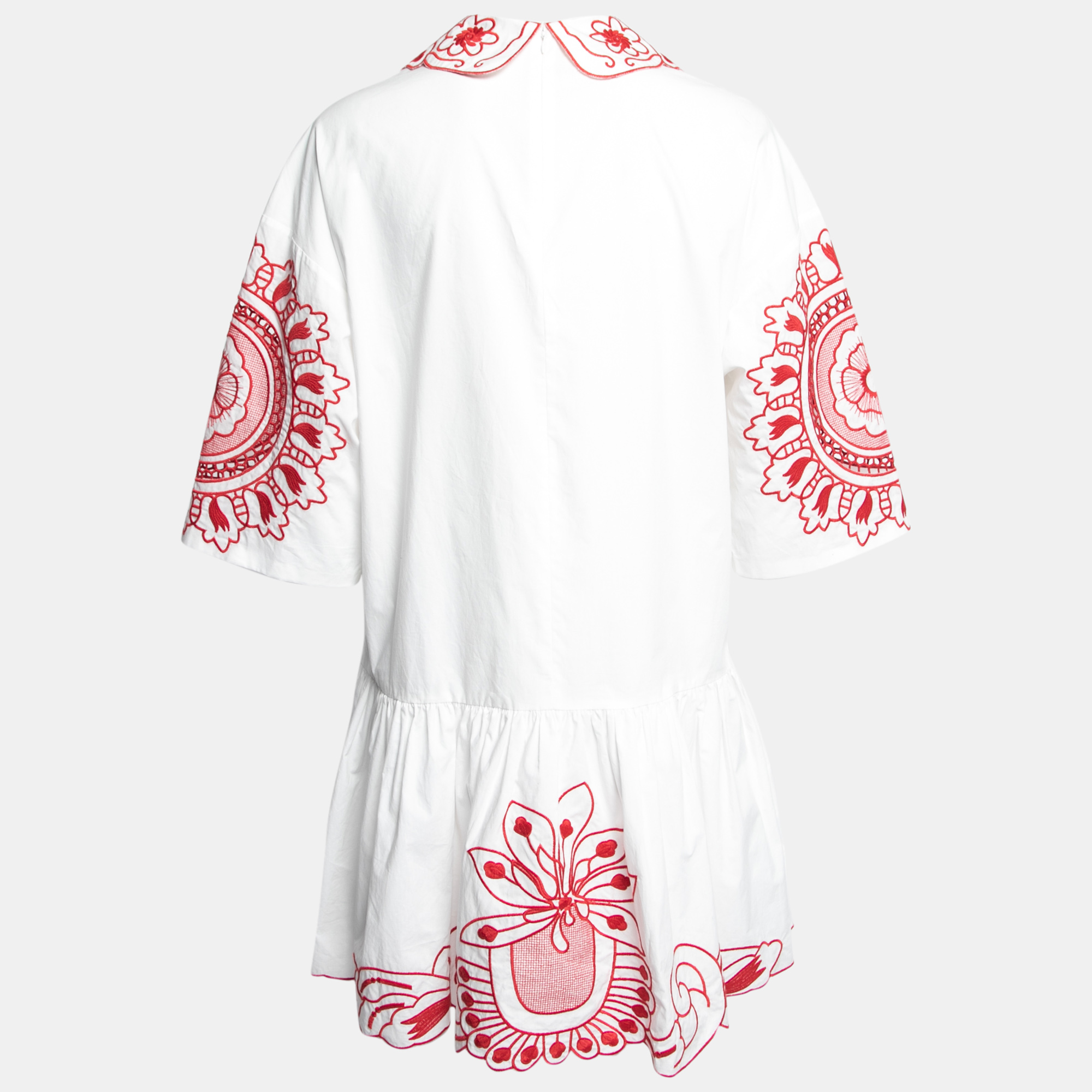 

RED Valentino White and Red Cotton Embroidered Peter Pan Collar Dress