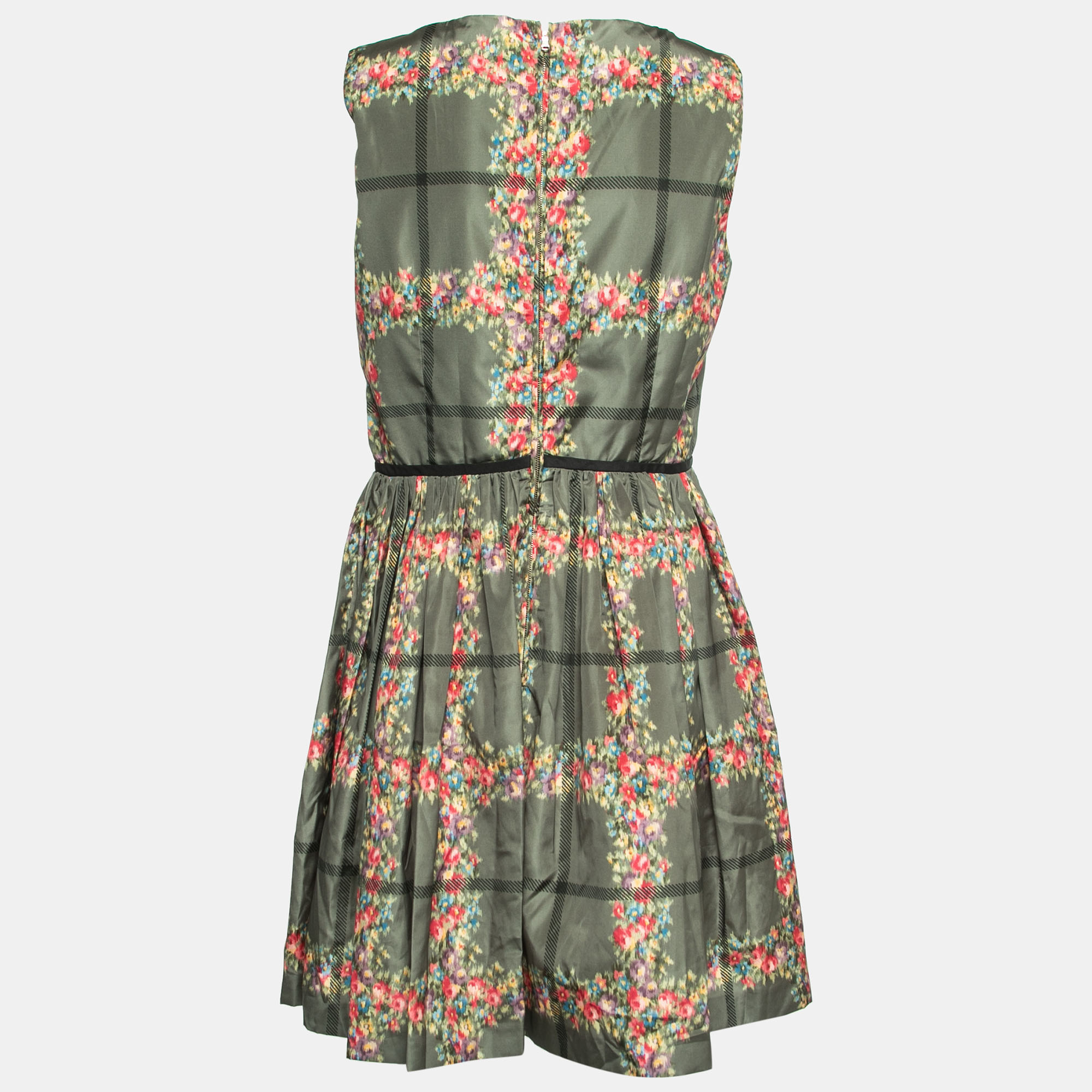 

RED Valentino Green Checked Floral Printed Synthetic Sleeveless Dress