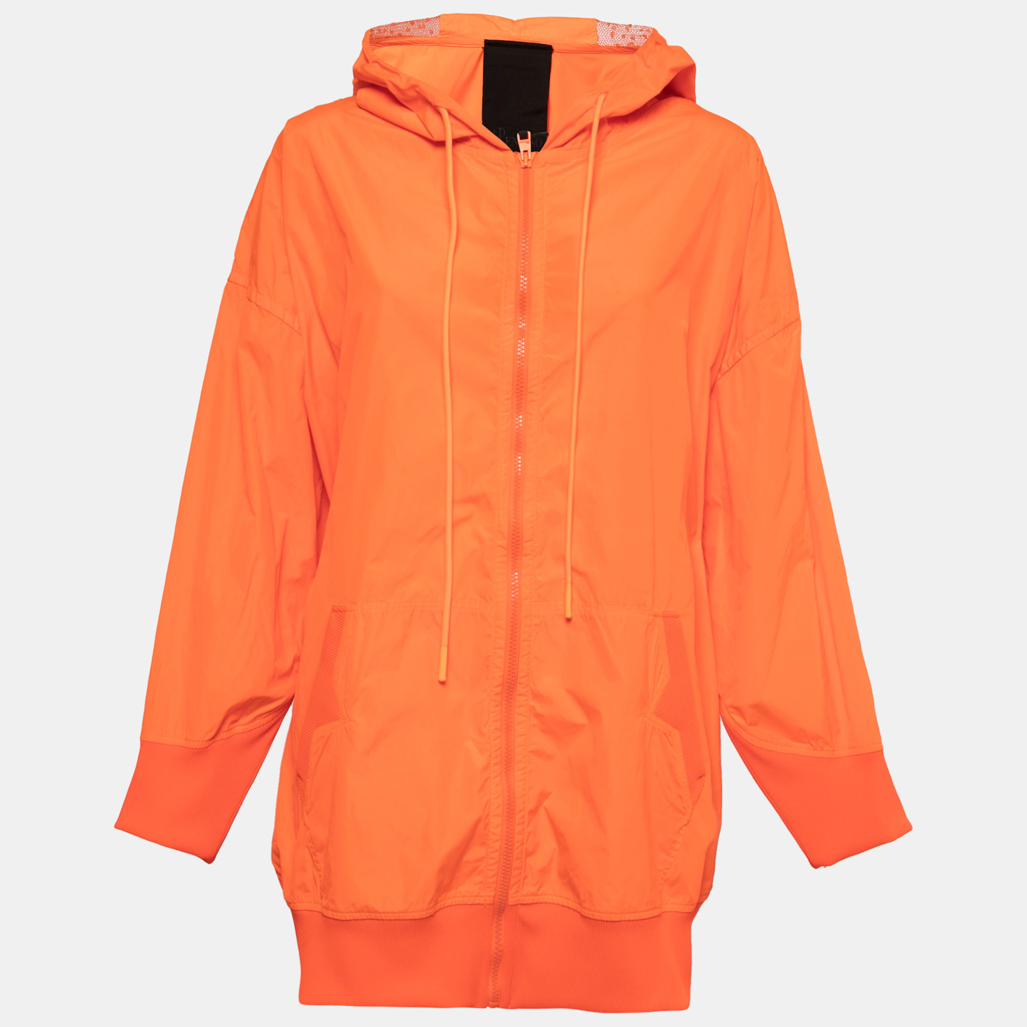 The RED Valentino Neon Orange Taffeta Zip Front Hooded Coat is a vibrant and stylish outerwear piece. Made from taffeta fabric it features a zip front closure and a hood for added functionality. With its eye catching neon orange color this coat is sure to make a bold fashion statement while keeping you warm and fashionable.