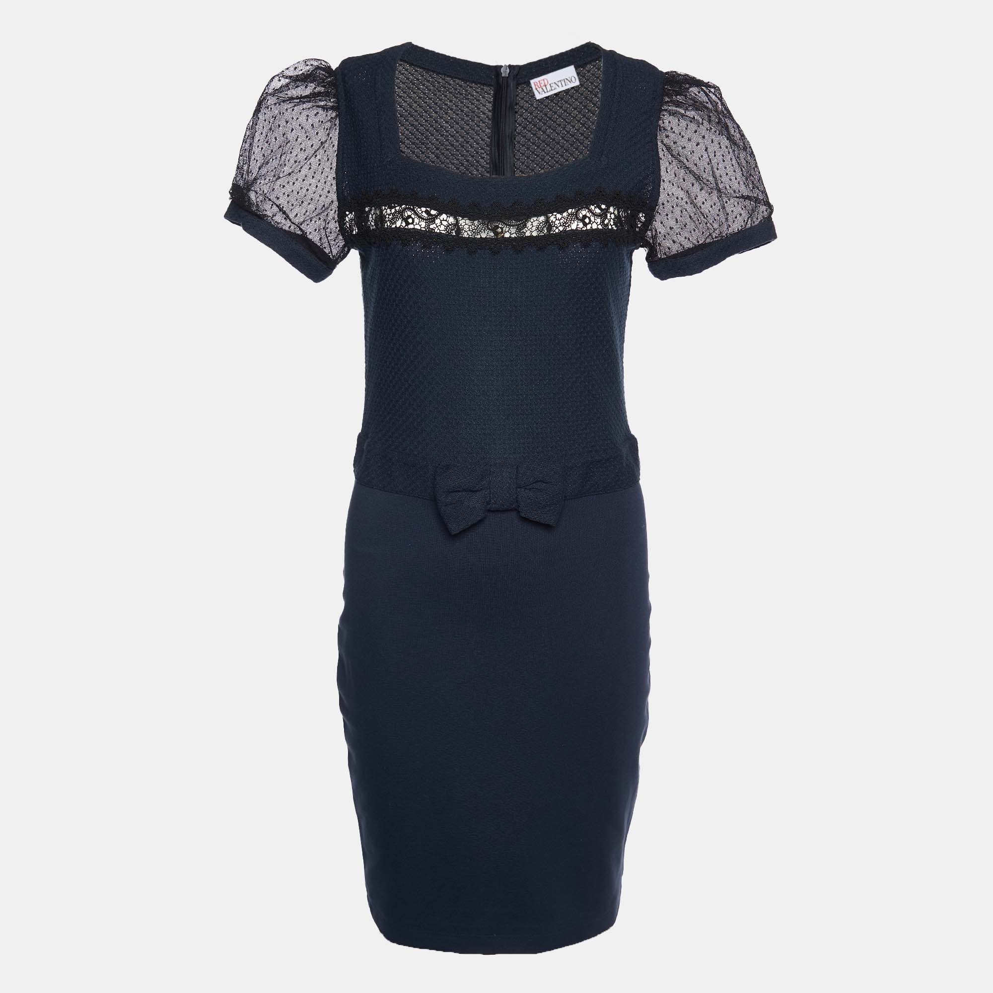 

RED Valentino Navy Blue Patterned Knit Bow Detail Midi Dress