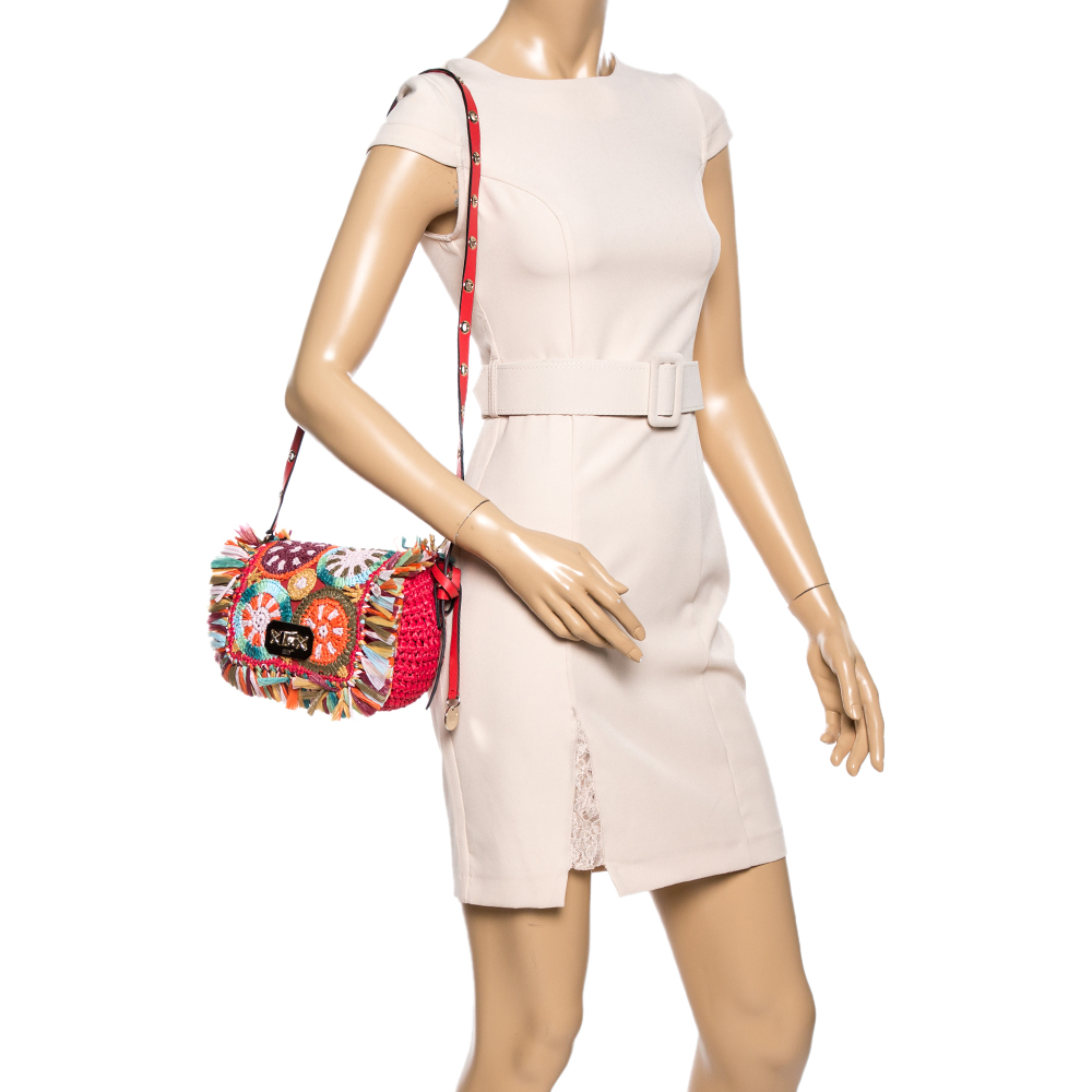 

RED Valentino Multicolor Woven Raffia and Leather Rock Ruffles Shoulder Bag