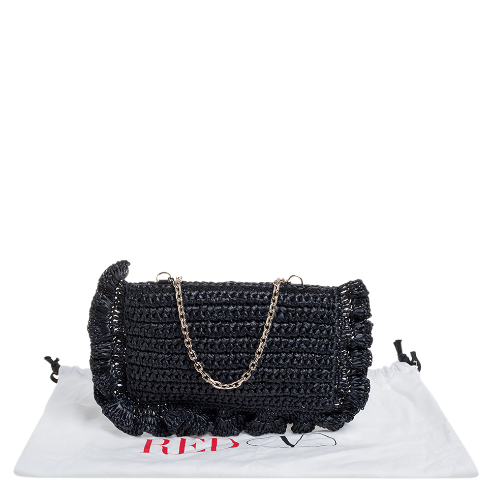 

RED Valentino Black Woven Raffia Rock Ruffles Pochette Bag