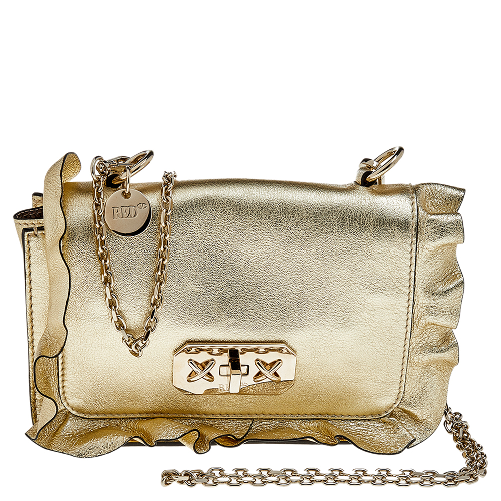 RED Valentino Metallic Gold Leather Rock Ruffles Shoulder Bag RED Valentino